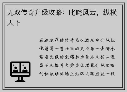 无双传奇升级攻略：叱咤风云，纵横天下